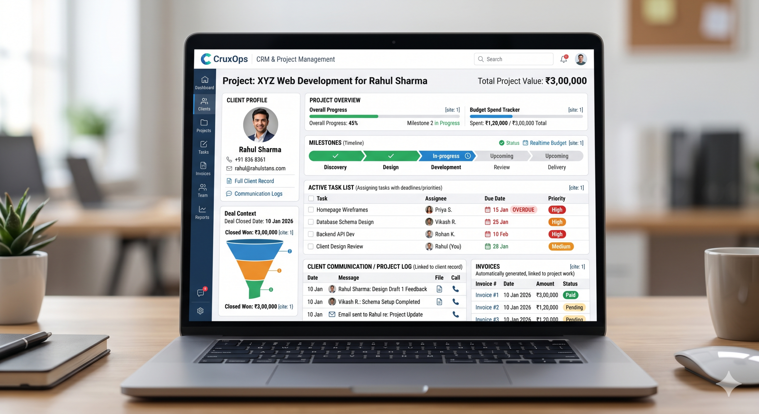 A photograph captures an open laptop screen clearly displaying the comprehensive and integrated CruxOps CRM and Project Management dashboard. Focused on a specific ₹3,00,000 web development project for client Rahul Sharma, the screen provides a unified, single-screen view that brings together diverse yet connected data. It features integrated panels including a detailed client profile with contact and communication links, a project overview with real-time progress (45% complete) and budget spend tracking (₹1,20,000 / ₹3,00,000), a visual linear milestones timeline (Development stage in progress), an active task list specifying assignees, specific deadlines, and distinct color-coded prioritized tasks labeled as 'High', 'Medium', and 'Low', a linked client communication and project log feed, and a section with generated and pending invoices linked to project work. Visually demonstrating unified sales and delivery context on a single screen, all specified features of CRM Project Tracking – deal conversion from the linked deal funnel, task assignment with deadlines and distinct priorities (High, Medium, Low), real-time milestone and budget tracking, client record linking for all activities, and automatic invoice generation linked to project value and work – are visually evident within the organized panels and linked data feeds. Priority labels are clearly visible and color-coded. The overall project value (₹3L) and all integrated data points, including budget values, deadlines, and invoices, are clearly consistent and legible on the detailed screen, demonstrating the full capability of the modern CRM platform in a professional, illuminated office setting.