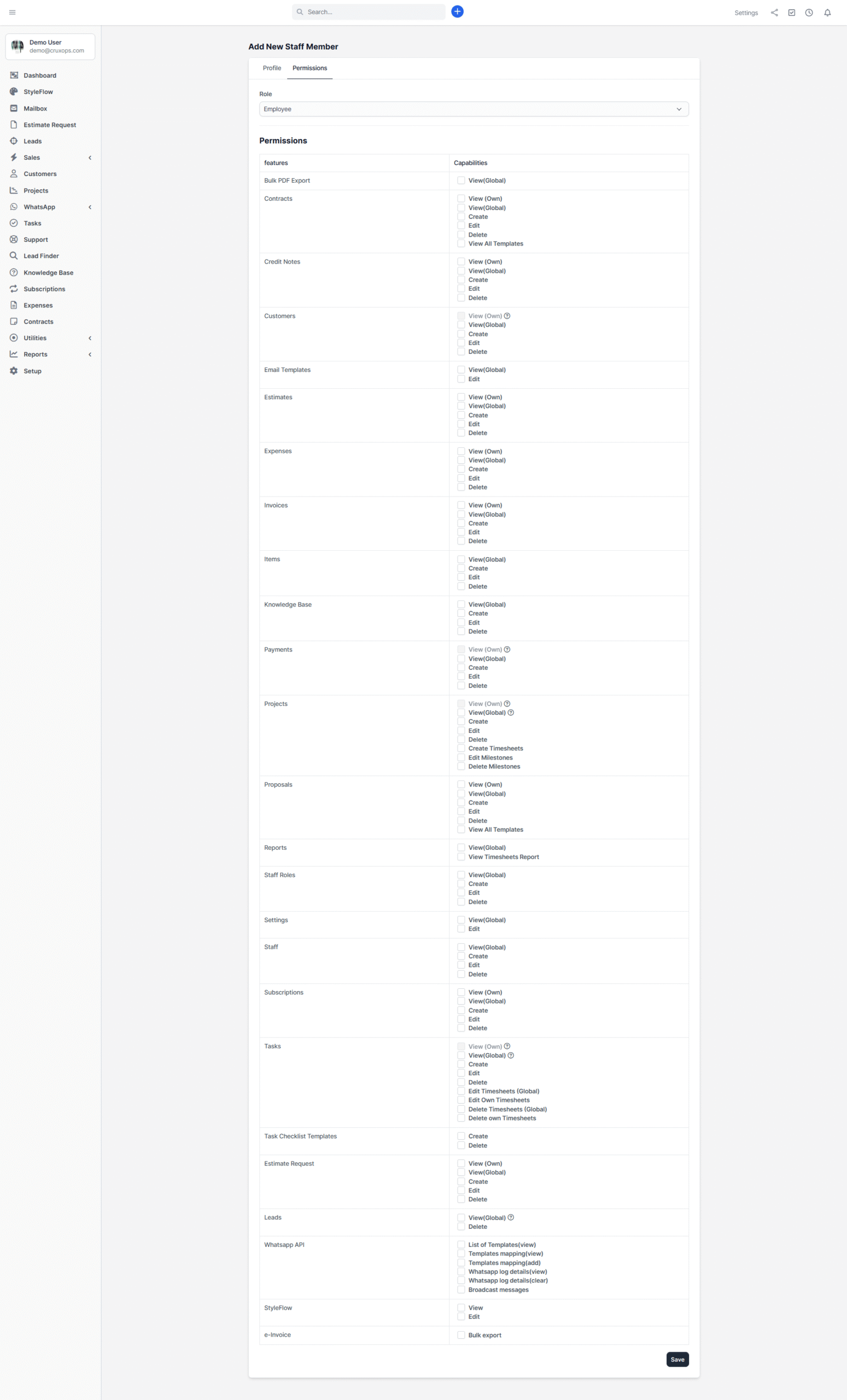 CruxOps CRM staff role configuration interface on the 'Add New Staff Member' Permissions tab, displaying a granular access control matrix with checkboxes for administrators to define specific View, Create, Edit, and Delete capabilities for modules like Contracts, Invoices, and Projects.